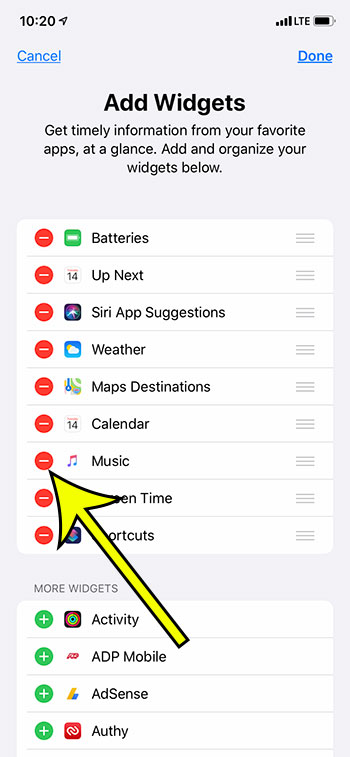 tap the red circle next to a widget