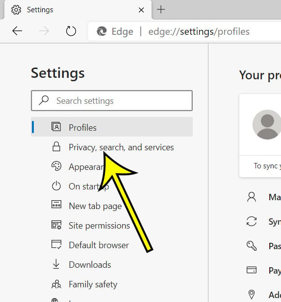 choose the Privacy, search, and services tab