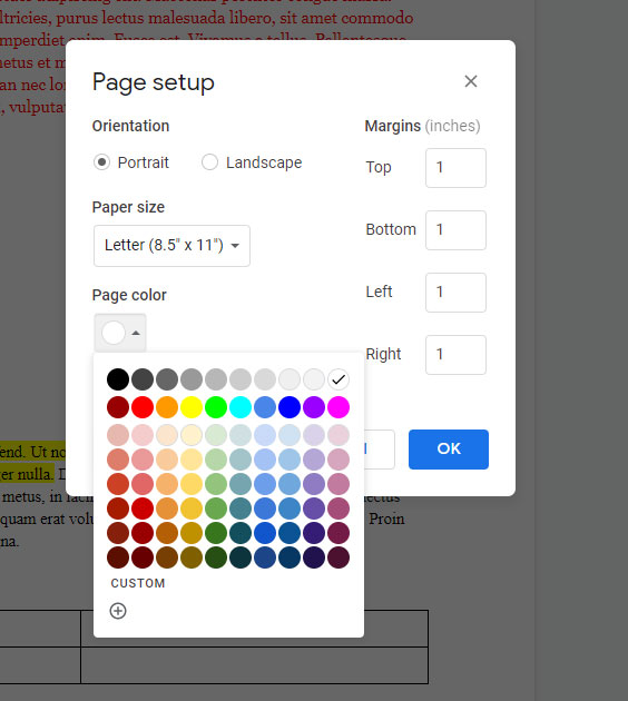 how to change Google Docs background color