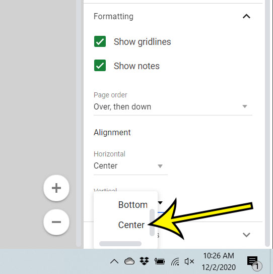how to print in the middle of the page in Google Sheets