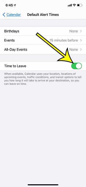 how to enable Time to Leave in the iPhone Calendar app