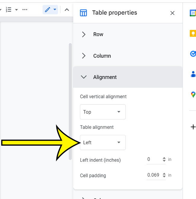 click the Table alignment menu