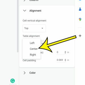how to center a Google Docs table