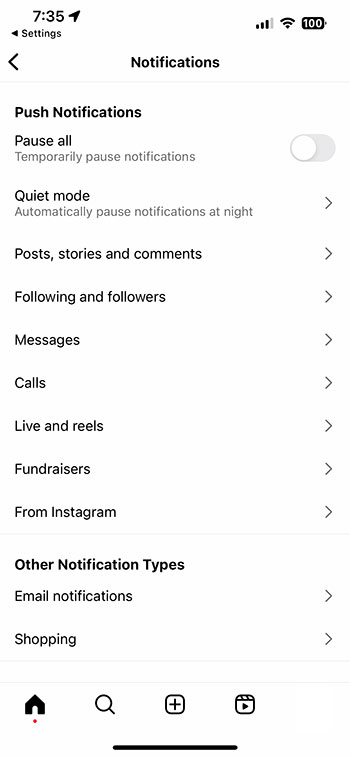Instagram app notification settings
