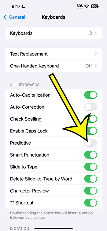 how to shut off predictive typing on an iPhone 14
