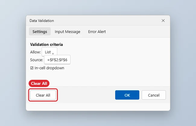 How to Remove a Drop-Down List in Excel on Windows 10 1 Data Validation dialog with the Clear All button highlighted