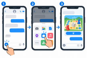 Steps for finding an iMessage game from the Plus menu in a Messages conversation