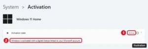 Windows 11 Activation page showing Activation state Active and Windows is activated with a digital license linked to your Microsoft account